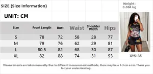 Detailed size chart for the mesh sleeveless printed dress with dimensions and weight info