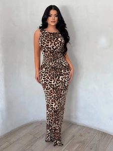Chic leopard print bodycon sleeveless maxi dress for women in summer fashion style