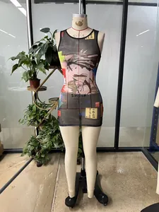 Detail view of sheer mesh dress featuring colorful Ukiyo-e geisha print and calligraphy