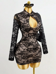 Sexy black lace long sleeve bodycon mini dress with teardrop cutout and stand collar