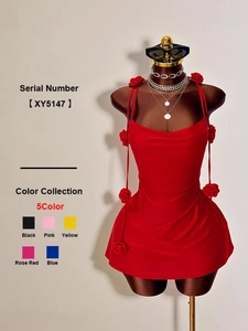 Women Elegant 3D Rose Flower Spaghetti Strap Mini Dress Backless Cowl Neck Bodycon Party Evening Slip Dress Sleeveless Knitwear