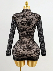 Elegant long-sleeved black floral lace bodycon dress with high neck and hollow-out design