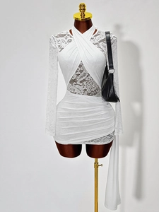 Elegant white bodycon dress with mock neck lace panels and long sleeves for women