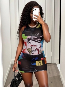 Women Sexy Mesh See-Through Bodycon Mini Dress Sleeveless Crew Neck Japanese Geisha Print Slim Fit Streetwear Vest Dress