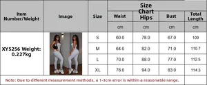 Detailed size chart for striped halter jumpsuit showing S to XL measurements and weight