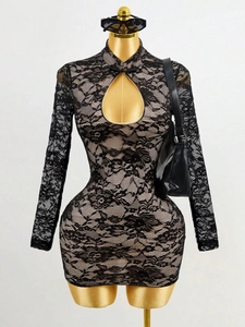 Women Sexy Black Lace Long Sleeve Mini Dress Hollow Out Teardrop Design Mandarin Collar Slim Bodycon Party Dress
