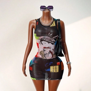 Detail of Geisha art print on semi-transparent black mesh sleeveless bodycon dress