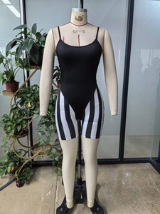 Detail of high-stretch bodysuit showing black bodice and vertical striped bottom design