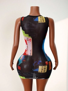 Slim fit sleeveless mesh mini dress featuring abstract prints and Chinese typography