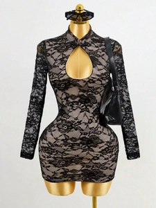 Slim fit black floral lace mini dress with long sleeves and hollow-out neckline
