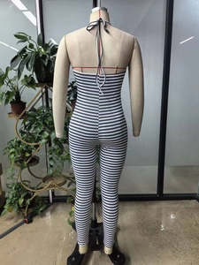 Back view of a striped halter neck backless jumpsuit on a mannequin in a studio
