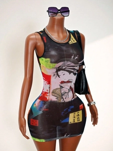 Women's black mesh sleeveless dress featuring Japanese geisha print and slim fit design