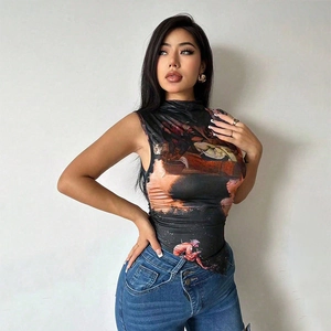 Detail of a women's sleeveless top with Renaissance oil painting print and mock neck
