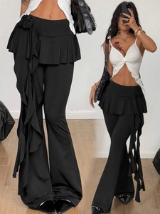 Women High Waist Fake Two Piece Peplum Flare Pants Black Ruffle Culottes With 3D Flower Casual Slim Fit Bottom Trousers
