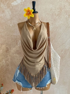 Haut Débardeur Femme Sexy Col Drapé Dos Nu Sans Manches avec Franges Coupe Ajustée Style Vacances Été Top