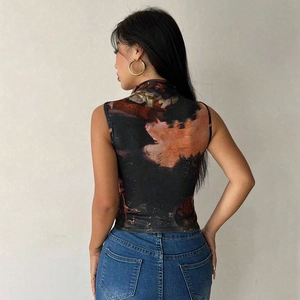 Close-up of artistic oil painting print on back of black sleeveless high neck slim top