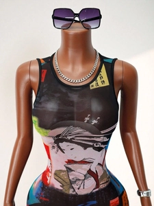 Fashionable mesh sleeveless tank dress featuring geisha print and color block patterns
