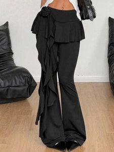 Women's black flared layered skirt pants with 3D flower and ruffled design