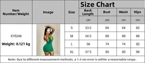 Detailed size chart for the back length, bust, waist, and hip of this mini dress