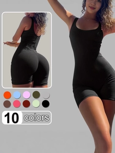 Tuta Intera da Donna Sexy con Schiena Scoperta Maglia a Costine Scollo Quadrato Senza Maniche Aderente Tinta Unita Romper Sportivo Yoga
