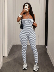 Slim fit halter neck jumpsuit for women featuring blue and white stripes in casual style
