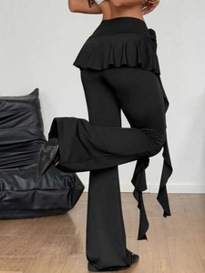 Women's black high-waisted flared trousers with peplum hip detail and side streamers