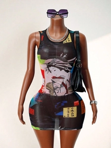 Chic black sheer mesh sleeveless mini dress with Japanese geisha graphic print