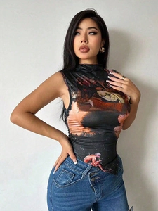 Women Vintage Oil Painting Print Sleeveless Mock Neck Slim Fit Tank Top Artistic Retro Pullover Bodycon Tee Vest Top