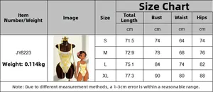 Size chart with measurements in cm for floral backless one-piece swimsuit, sizes S to XL