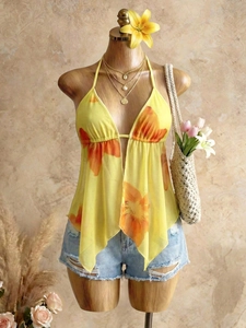 Women Sexy Backless Floral Halter Tank Top Bohemian Vacation Style V Neck Sleeveless Yellow Orange Print Summer Beach Crop Top
