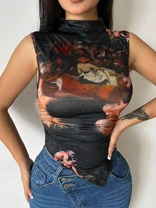 Women's chic high neck sleeveless slim top with vintage classical art oil painting print