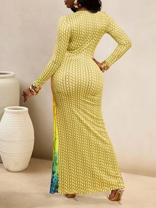 Elegant yellow printed bodycon dress with floral side patterns and side slit design