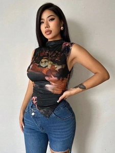 Women's slim fit sleeveless mock neck top featuring vintage oil painting art print