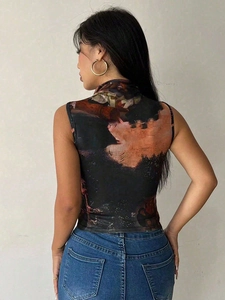 Slim fit sleeveless turtleneck top featuring a classic oil painting art print on the back