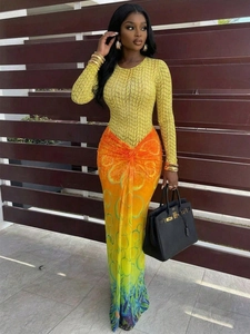 Long-sleeve slit dress with yellow mesh print and gradient abstract patterns