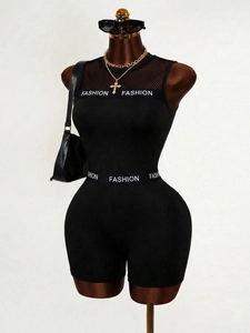 Combinaison noire sans manches pour femme avec empiècement en mesh et imprimé mode