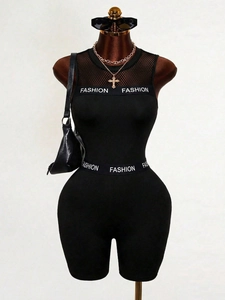 Body noir sans manches pour femmes avec patchwork en résille et détail ruban Fashion