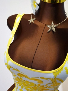Women's backless one-piece swimsuit with yellow baroque floral print and scoop neck