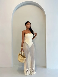 Abito Maxi da Donna Sexy Senza Spalline in Maglia Traforata Estate Spiaggia Vacanza Nappe Tinta Unita Slim Fit Abito Lungo All'uncinetto