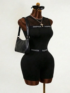 Combinaison courte noire pour femme sans manches avec mesh et bande élastique fashion
