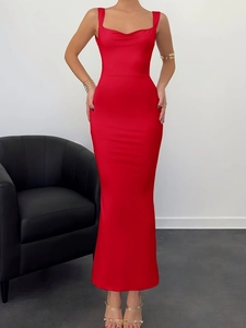 Elegant red satin bodycon evening dress with thin straps and open back for women