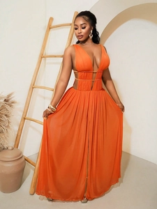 Women Sexy Deep V Neck Sleeveless Orange Maxi Dress Backless Cut Out Pleated High Slit Beach Resort Evening Long Dress