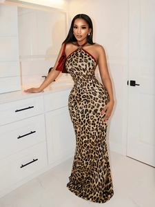 Robe Longue Sexy pour Femmes Imprimé Léopard Dos Nu Coupe Ajustée Liseré Rouge Contrastant Sans Manches Streetwear