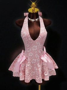 Damen Rosa Neckholder Jacquard Minikleid Mit Satin-Schleife V-Ausschnitt Ärmellos A-Linie Party Bankett Abendkleid