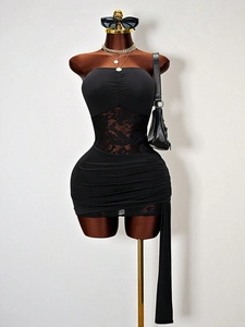 Women Sexy Black Tube Top Lace Patchwork Bodycon Mini Dress Ruched Hollow Out Slim Fit Clubwear Party Dress With Streamer