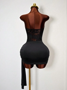 Sexy black strapless bodycon dress with floral lace back and elegant side sash detail
