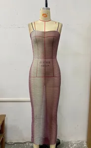 Detail of pink and white wave pattern on a sheer bodycon maxi dress for women