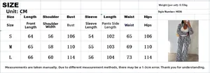 Detailed size chart for zebra print shirt and wide leg pants two-piece set with measurements