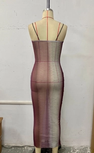 Detail of slim fit maxi dress featuring red and white geometric mesh texture back view