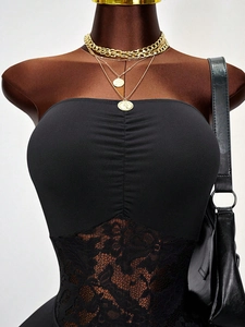Women's sexy black strapless dress with lace patchwork and elegant ruched slim fit